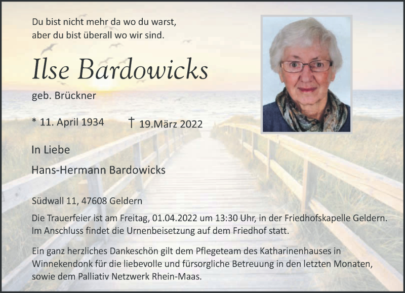  Traueranzeige für Ilse Bardowicks vom 26.03.2022 aus 