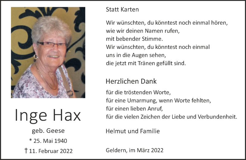  Traueranzeige für Inge Hax vom 26.03.2022 aus 