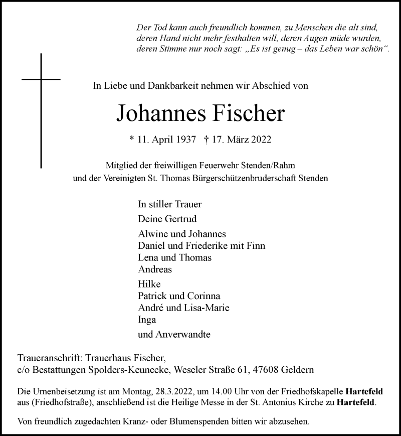  Traueranzeige für Johannes Fischer vom 26.03.2022 aus 