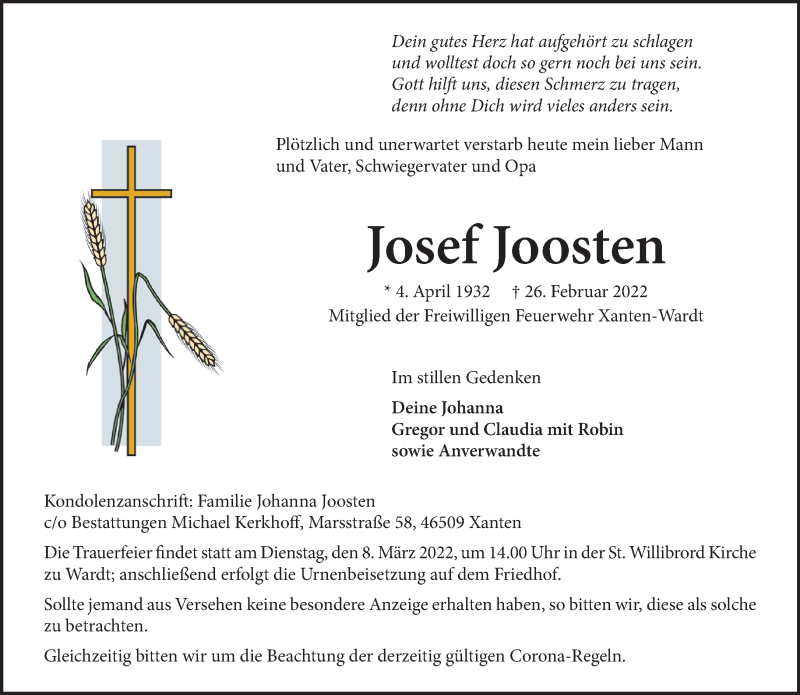  Traueranzeige für Josef Joosten vom 02.03.2022 aus 