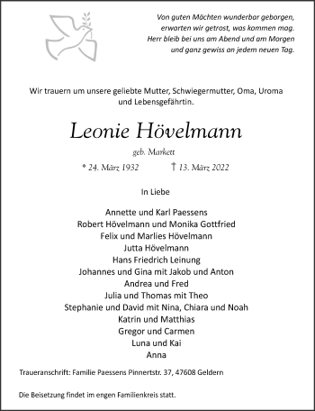Traueranzeige von Leonie Hövelmann 