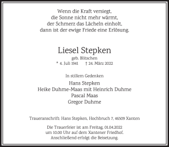 Traueranzeige von Liesel Stepken 