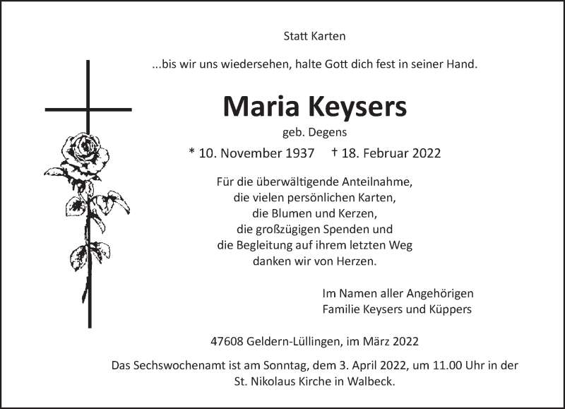  Traueranzeige für Maria Keysers vom 26.03.2022 aus 