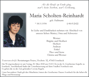Traueranzeige von Maria Scholten-Reinhardt 