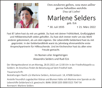 Traueranzeige von Marlene Selders 