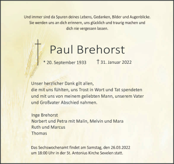 Traueranzeige von Paul Brehorst 