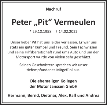 Traueranzeige von Peter Vermeulen 