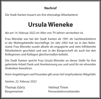Traueranzeige von Ursula Wieneke 