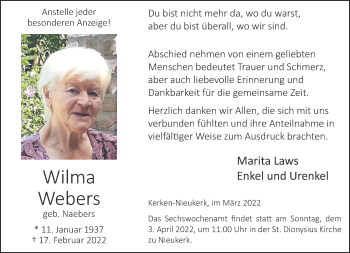 Traueranzeige von Wilma Webers 