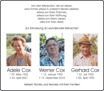 Traueranzeige von Adele, Werner und Gerhard Cox 
