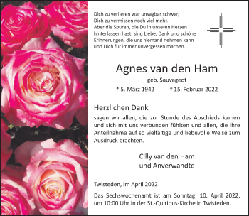 Traueranzeige von Agnes van den Ham 