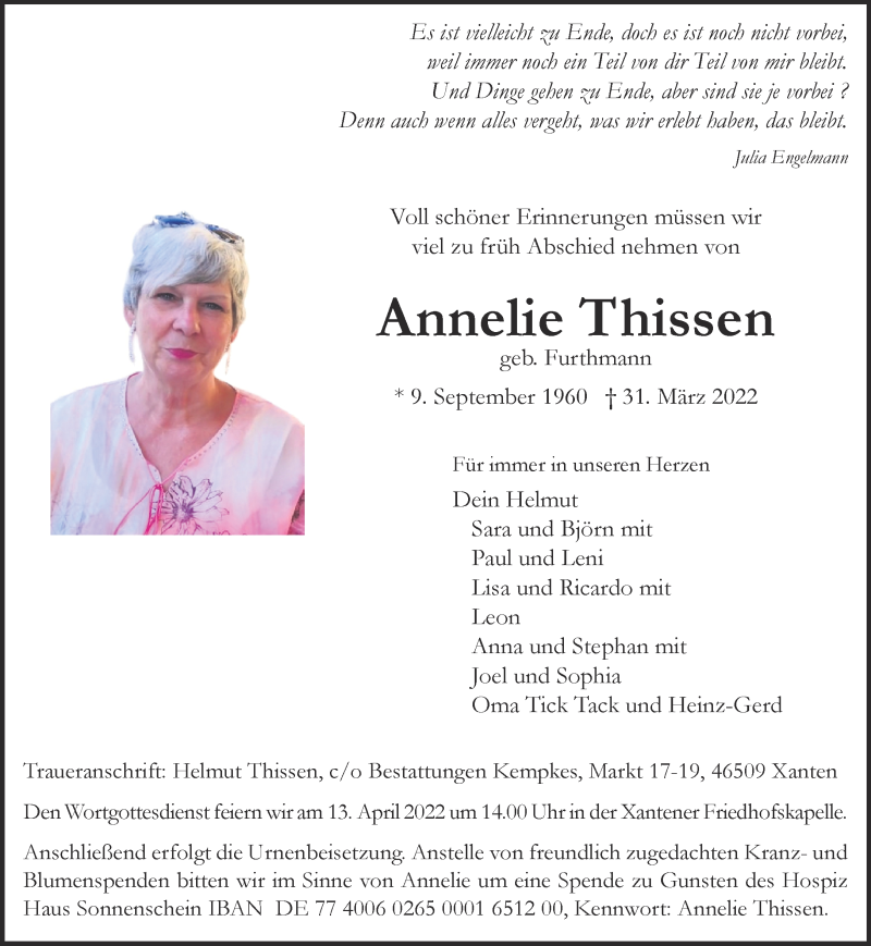  Traueranzeige für Annelie Thissen vom 09.04.2022 aus 