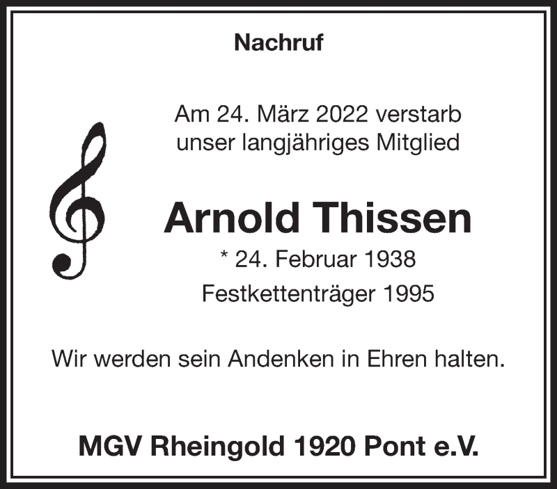  Traueranzeige für Arnold Thissen vom 09.04.2022 aus 