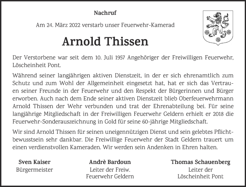  Traueranzeige für Arnold Thissen vom 06.04.2022 aus 