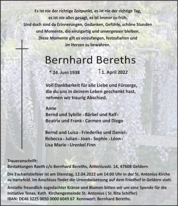 Traueranzeige von Bernhard Bereths 