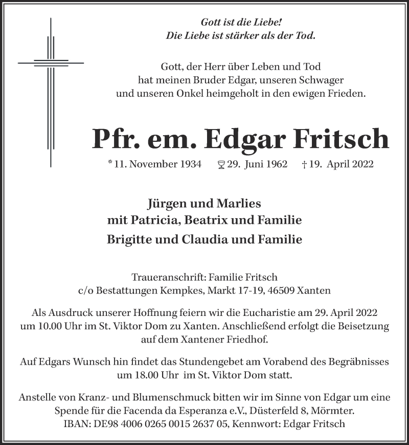  Traueranzeige für Edgar Fritsch vom 23.04.2022 aus 