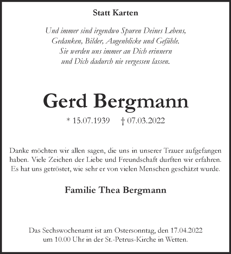  Traueranzeige für Gerd Bergmann vom 02.04.2022 aus 