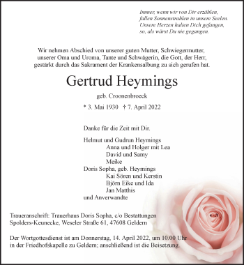 Traueranzeige von Gertrud Heymings 