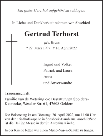 Traueranzeige von Gertrud Terhorst 