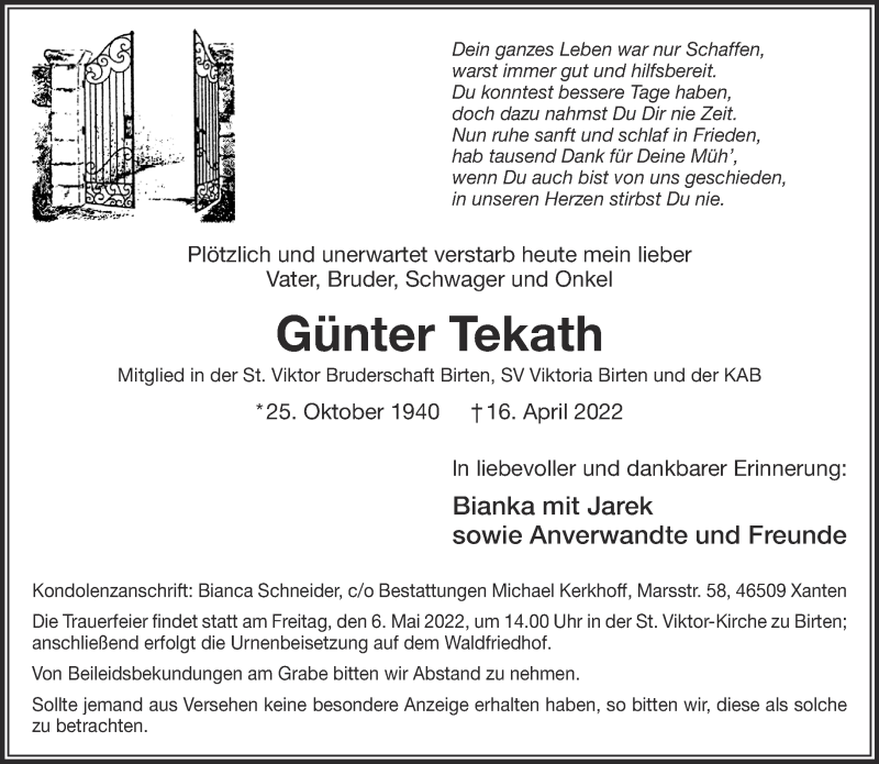  Traueranzeige für Günter Tekath vom 23.04.2022 aus 