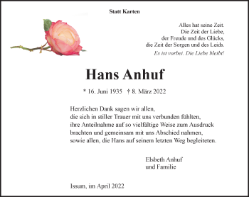 Traueranzeige von Hans Anhuf 