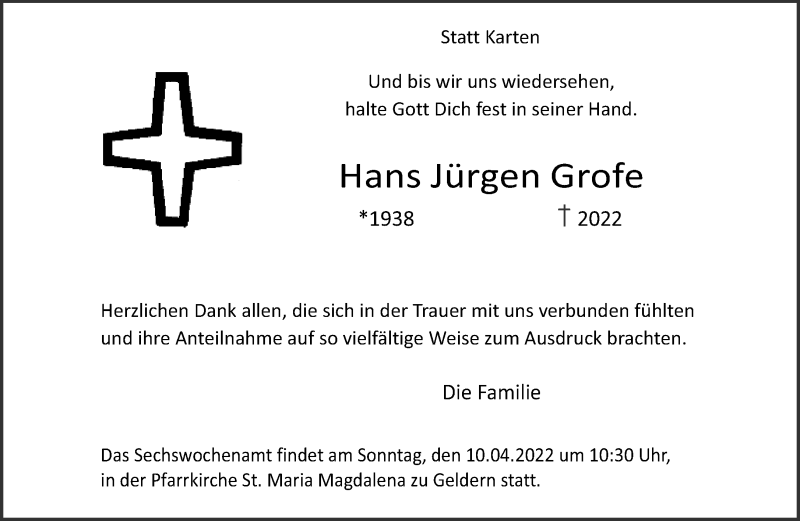  Traueranzeige für Hans Jürgen Grofe vom 02.04.2022 aus 