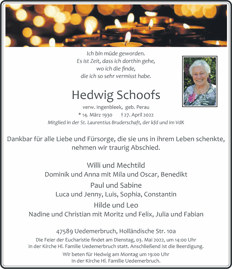  Traueranzeige für Hedwig Schoofs vom 30.04.2022 aus 