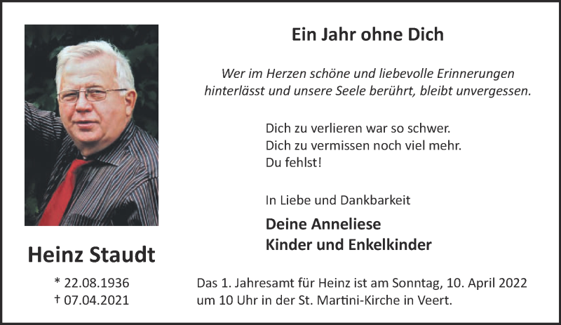  Traueranzeige für Heinz Staudt vom 02.04.2022 aus 