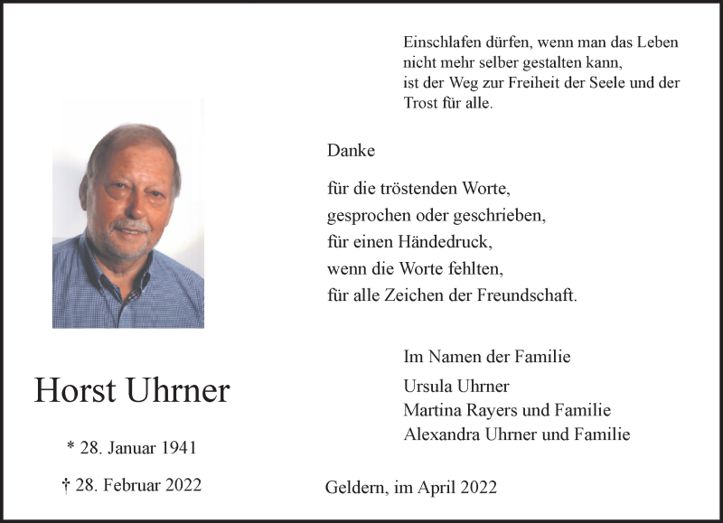  Traueranzeige für Horst Uhrner vom 09.04.2022 aus 