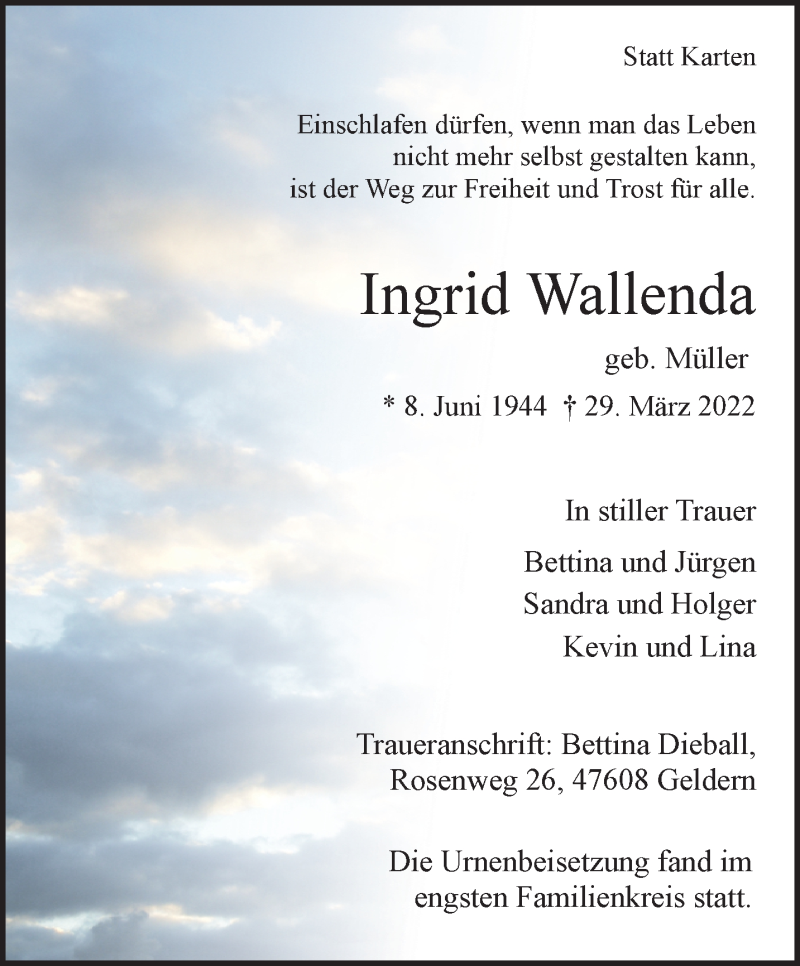  Traueranzeige für Ingrid Wallenda vom 13.04.2022 aus 