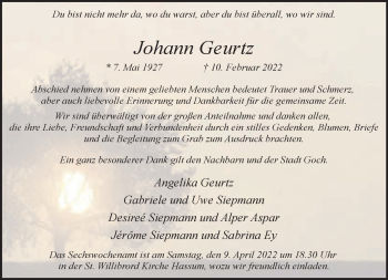 Traueranzeige von Johann Geurtz 