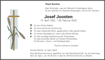 Traueranzeige von Josef Joosten 