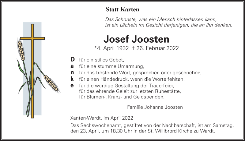  Traueranzeige für Josef Joosten vom 20.04.2022 aus 