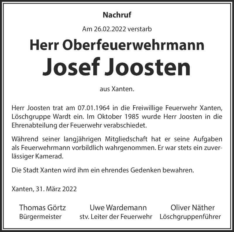  Traueranzeige für Josef Joosten vom 09.04.2022 aus 