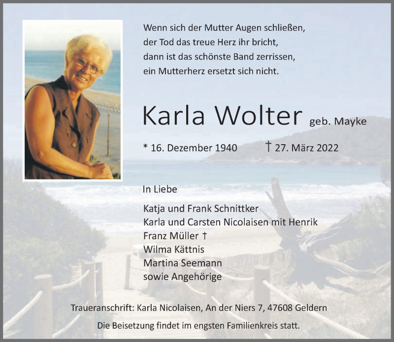  Traueranzeige für Karla Wolter vom 02.04.2022 aus 