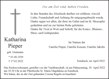 Traueranzeige von Katharina Pieper 