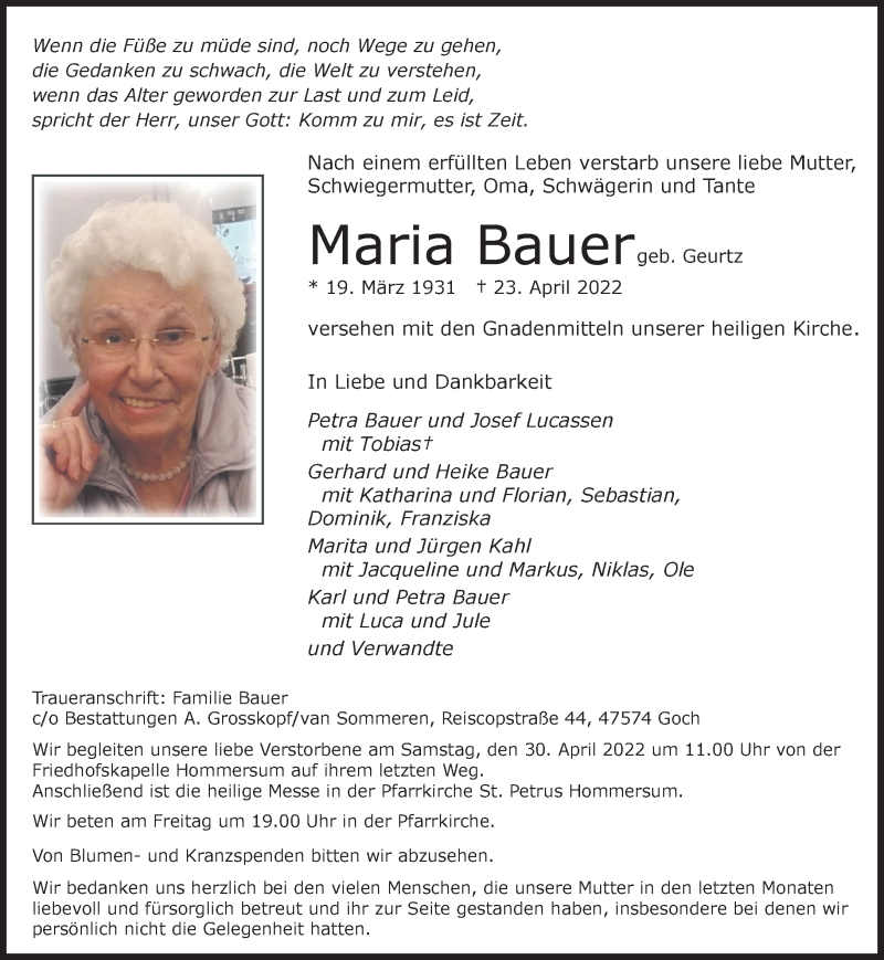  Traueranzeige für Maria Bauer vom 27.04.2022 aus 