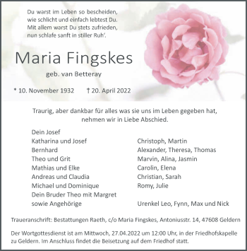 Traueranzeige von Maria Fingskes 
