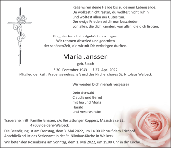 Traueranzeige von Maria Janssen 