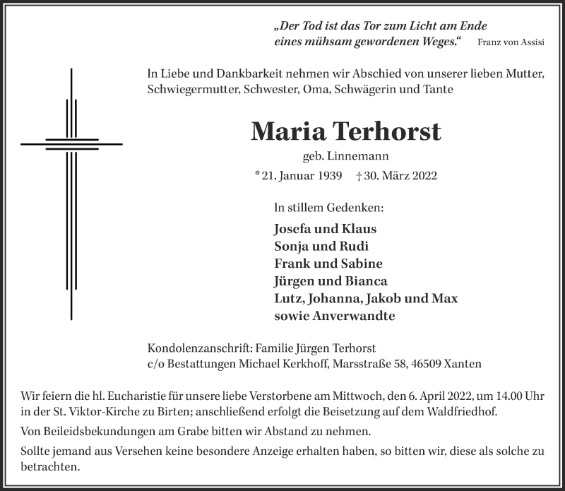  Traueranzeige für Maria Terhorst vom 02.04.2022 aus 