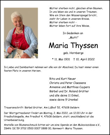Traueranzeige von Maria Thyssen 