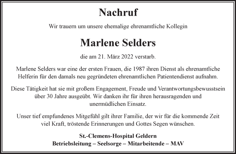  Traueranzeige für Marlene Selders vom 02.04.2022 aus 