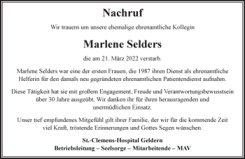Traueranzeige von Marlene Selders 