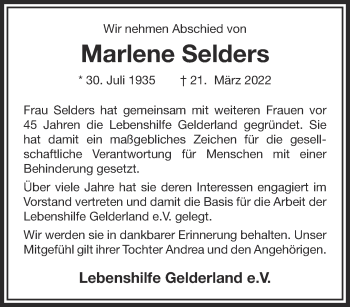 Traueranzeige von Marlene Selders 