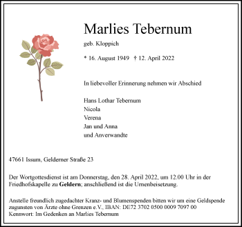 Traueranzeige von Marlies Tebernum 