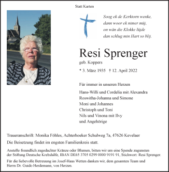 Traueranzeige von Resi Sprenger 
