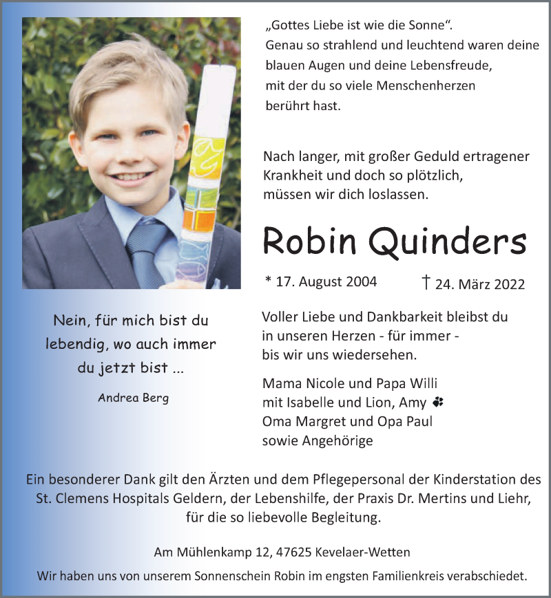  Traueranzeige für Robin Quinders vom 09.04.2022 aus 