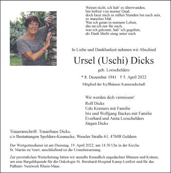 Traueranzeige von Ursel  Dicks 