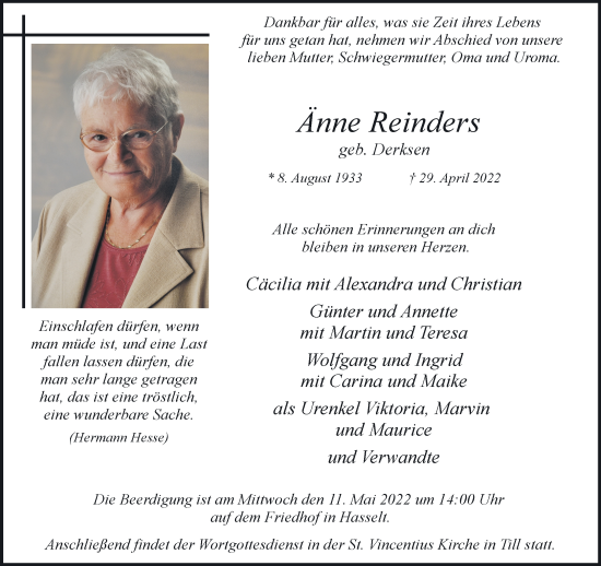 Traueranzeige von Änne Reinders 
