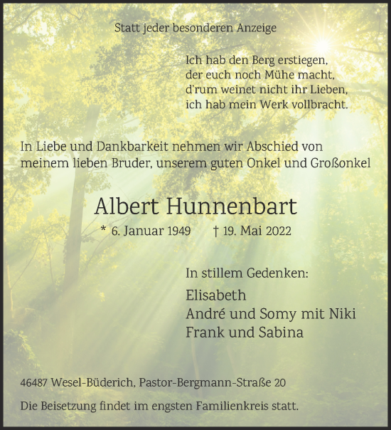 Traueranzeige von Albert Hunnenbart 